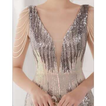 Women's V Neck Sequins Mermaid Gown Long Prom Evening Party Dress (Colorful Beige, XL)