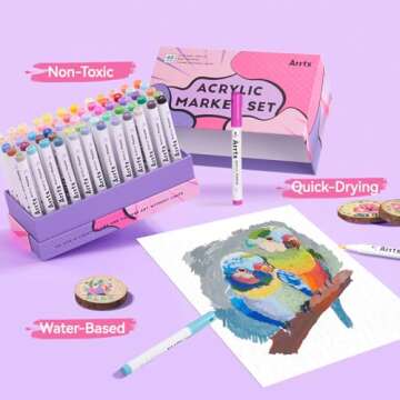Arrtx 60 Colors Paint Markers Paint Pens, Acrylic Paint Pens for Artists Adults Coloring Drawing Cartoon Anime Comic - Brush Tip for Rock Painting, Wood, Canvas, DIY Crafts Making Art Supplies-60B