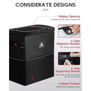 Aujen Trash Can- Easy-to-Install Car Accessory Interior - Leak-Proof Organizer and Storage Bag for The Back/Front/Console of Any Cars,Sedans, SUVs & Trucks, Black