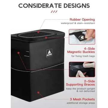 Aujen Trash Can- Easy-to-Install Car Accessory Interior - Leak-Proof Organizer and Storage Bag for The Back/Front/Console of Any Cars,Sedans, SUVs & Trucks, Black