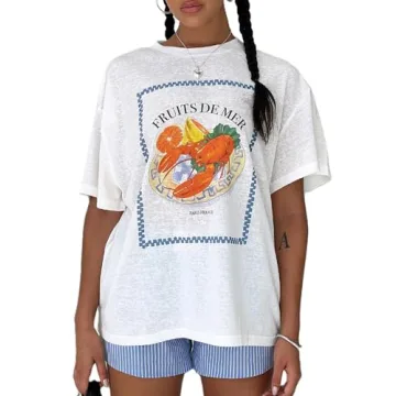 Women Graphic Oversized Tee Y2k Fruit Print Short Sleeve White Top Crewneck Cute Aesthetic Tee Shirt...