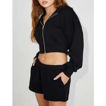 Hooever Womens Cute Workout Cropped Zip Up Drawstring Hoodie Sweatshirt Jacket