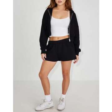 Hooever Womens Cute Workout Cropped Zip Up Drawstring Hoodie Sweatshirt Jacket