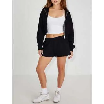 Hooever Womens Cute Workout Cropped Zip Up Drawstring Hoodie Sweatshirt Jacket