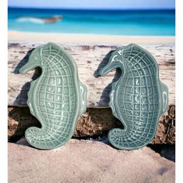 Top Brass Set of 2 – Seahorse Jewelry Dish/Tray – Glazed Ceramic Teal Blue and Turquoise Green – Coastal Ocean Beach Décor Storage Trinket – Rings, Earrings, Necklace, Keys, Coins