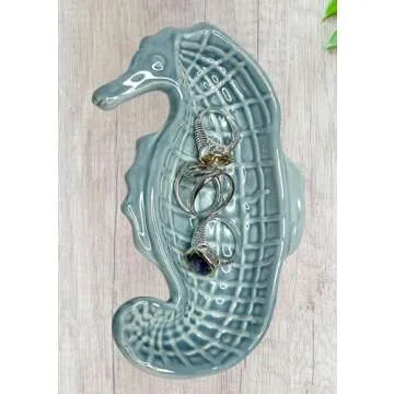 Top Brass Set of 2 – Seahorse Jewelry Dish/Tray – Glazed Ceramic Teal Blue and Turquoise Green – Coastal Ocean Beach Décor Storage Trinket – Rings, Earrings, Necklace, Keys, Coins