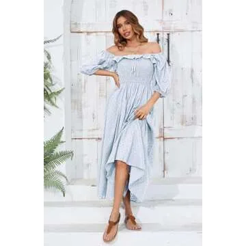 R.Vivimos Women Summer Half Sleeve Cotton Ruffled Vintage Elegant Backless A Line Flowy Long Dresses (Medium, SkyBlue#1)