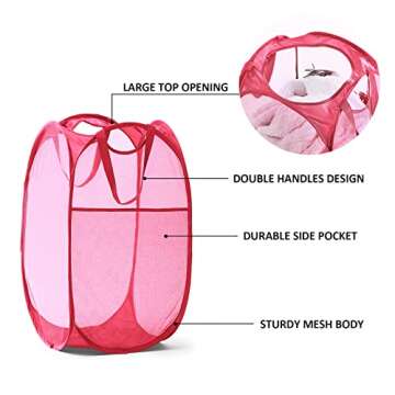 TECHMILLY Collapsible Mesh Pop Up Laundry Hamper with Sturdy Handles and Side Pocket - Portable Foldable Clothes Baskets for Dorm, Bathroom & Travel Storage (Pink)