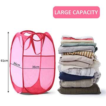 TECHMILLY Collapsible Mesh Pop Up Laundry Hamper with Sturdy Handles and Side Pocket - Portable Foldable Clothes Baskets for Dorm, Bathroom & Travel Storage (Pink)