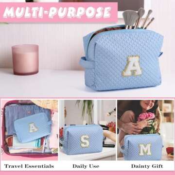 YOOLIFE Initial Makeup Bag - Birthday Gifts for Women Her Mom Friend Sister Teacher kids Teens Daughter Bridesmaid, Blue Initial Makeup Bag Cosmetic Bag K