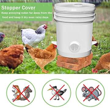 Chicken Feeder No Waste with Rat Stopper Caps, Rain Proof DIY Poultry Feeder Gravity Feed Kit for Buckets, Barrels, Bins and Troughs（6 Ports,1 Hole Saw）