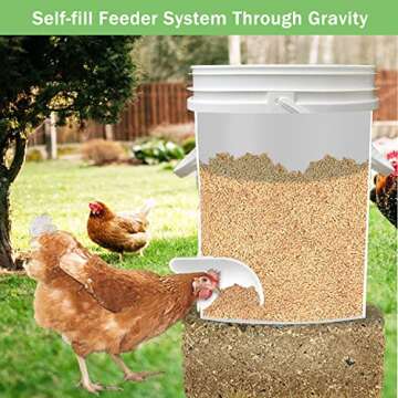 Chicken Feeder No Waste with Rat Stopper Caps, Rain Proof DIY Poultry Feeder Gravity Feed Kit for Buckets, Barrels, Bins and Troughs（6 Ports,1 Hole Saw）