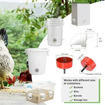 Chicken Feeder No Waste with Rat Stopper Caps, Rain Proof DIY Poultry Feeder Gravity Feed Kit for Buckets, Barrels, Bins and Troughs（6 Ports,1 Hole Saw）