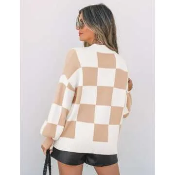 ZESICA Women's 2024 Fall Fashion Turtleneck Long Sleeve Striped Ribbed Knit Loose Pullover Sweater Tops,KhakiPlaid,X-Large