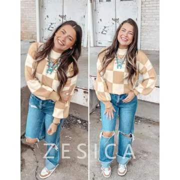 ZESICA Women's 2024 Fall Fashion Turtleneck Long Sleeve Striped Ribbed Knit Loose Pullover Sweater Tops,KhakiPlaid,X-Large