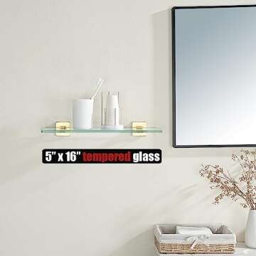 JQK Bathroom Glass Shelf, Floating Tempered Glass Shower Storage 16 by 5 inches, 304 Stainless Steel...