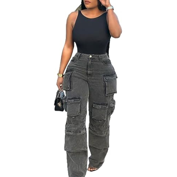 LKOUS Women's Y2K Baggy Straight Wide Leg Cargo Jeans, Streetwear High Waisted Denim Pant Grey
