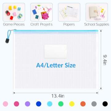 Sooez 32 Pack Mesh Zipper Pouch Bags, A4 Letter Size, Zipper Bags with Label Pocket, Waterproof Zipp...