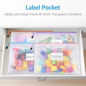 Sooez 32 Pack Mesh Zipper Pouch Bags, A4 Letter Size, Zipper Bags with Label Pocket, Waterproof Zipper Pouches for Classroom Organization, Board Game Storage, Document Bag for Office School Supplies
