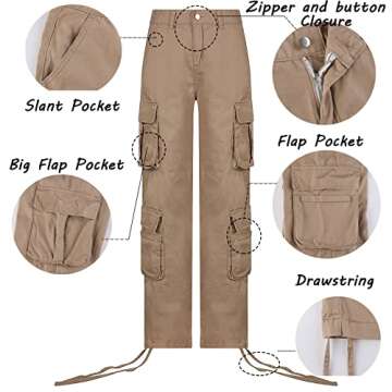 Viatabuna Women's High Rise Straight Leg Y2K Streetwear Cargo Pants Baggy Boyfriend Pants with Pocket Khaki