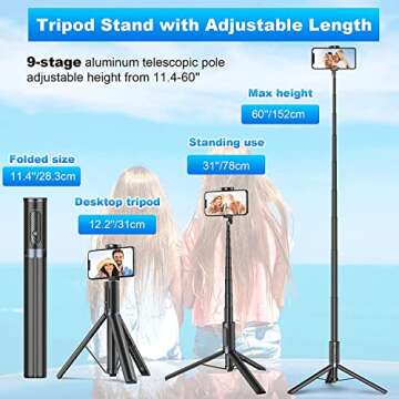 TONEOF Automatic Tripod & Selfie Stick - 60 Inch Portable