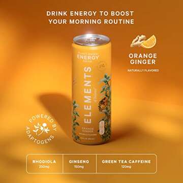 Elements of Balance Natural Energy Adaptogen Drinks | Naturally-Flavored Ginger Orange with Rhodiola + Ginseng | Clean Energy Boost, 0 Sugar, Low Calorie, Plant-Based | 11.5 Fl Oz (12 Pack)
