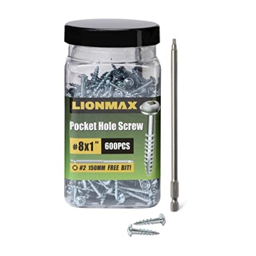 LIONMAX Pocket Screws #8 x 1 Inch, Wood Screws Coarse Thread 600PCS, Washer Head Square Drive Screws...