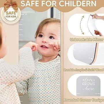 Garybank Growth Chart Mirror for Kids, Solid Wood Height Chart for Kid, Fodable Height Measurement Ruler for Wall, Shatterproof Full Body Toddler Mirror, Montessori Nursery Bedroom Playroom Wall Decor