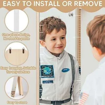 Garybank Growth Chart Mirror for Kids, Solid Wood Height Chart for Kid, Fodable Height Measurement Ruler for Wall, Shatterproof Full Body Toddler Mirror, Montessori Nursery Bedroom Playroom Wall Decor