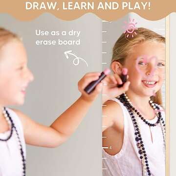 Garybank Growth Chart Mirror for Kids, Solid Wood Height Chart for Kid, Fodable Height Measurement Ruler for Wall, Shatterproof Full Body Toddler Mirror, Montessori Nursery Bedroom Playroom Wall Decor