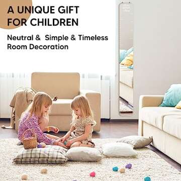 Garybank Growth Chart Mirror for Kids, Solid Wood Height Chart for Kid, Fodable Height Measurement Ruler for Wall, Shatterproof Full Body Toddler Mirror, Montessori Nursery Bedroom Playroom Wall Decor