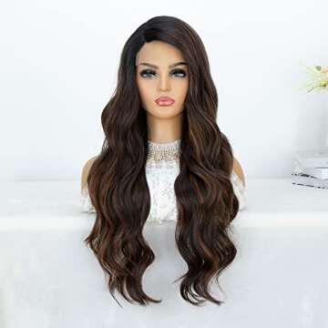 K'ryssma Ombre Dark Brown Wig with Highlights Long Wavy Synthetic Wigs for Women with Dark Roots Nat...