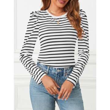 MEROKEETY Women's Puff Long Sleeve Striped Tops Crew Neck 2024 Fall Casual Knit Basic Tee Shirts, Bl...