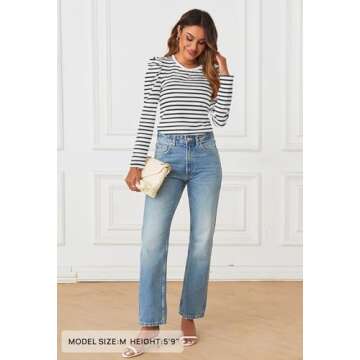 MEROKEETY Women's Puff Long Sleeve Striped Tops Crew Neck 2024 Fall Casual Knit Basic Tee Shirts, Black, X-Large