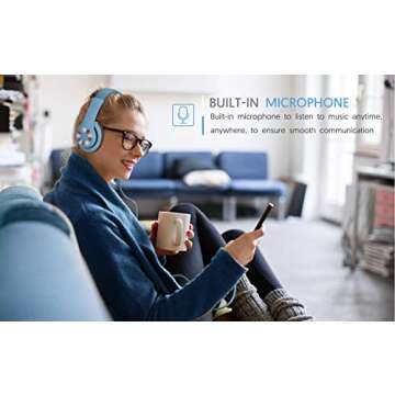 AUSDOM Lightweight Over-Ear Wired HiFi Stereo Headphones with Built-in Mic Comfortable Leather Earphones- Blue