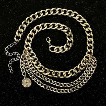 Jurxy Multilayer Alloy Waist Chain Body Chain for Women Waist Belt Pendant Belly Chain Adjustable Body Harness for Jeans Dresses – Gold Style 7 - S Size