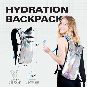 SOJOURNER Hydration Pack Backpack - 2L Water Bladder Included for Festivals, Raves, Hiking, Biking, Climbing, Running and More (Holographic Silver)