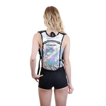 SOJOURNER Hydration Pack Backpack - 2L Water Bladder Included for Festivals, Raves, Hiking, Biking, Climbing, Running and More (Holographic Silver)