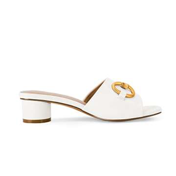 Coutgo Women's Slide Sandals Square Open Toe Slip on Comfortable Mules Block Low Heel Metal Chain Dressy Shoes,White,Size 7.5