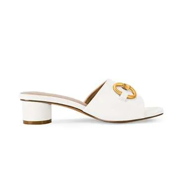 Coutgo Women's Slide Sandals Square Open Toe Slip on Comfortable Mules Block Low Heel Metal Chain Dressy Shoes,White,Size 7.5