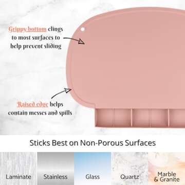 Silicone Placemat with Food Catching Pockets for Baby & Kid, Food Grade Silicone Non-Slip Toddler Food Place Mats with Raised Edges for Dining Table (Blush)