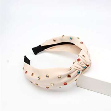 FEDANS Knot Headbands for Women Knotted Pearl Colorful Rhinestone Jeweled 2 Pcs Beaded Wide Band Fashion Headbands For Girl Bohemian Hairband