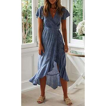 ZESICA Women's 2025 Bohemian Floral Printed Wrap V Neck Short Sleeve Split Beach Party Maxi Dress,Li...