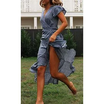 ZESICA Women's 2025 Bohemian Floral Printed Wrap V Neck Short Sleeve Split Beach Party Maxi Dress,Light BlueFloral,Small