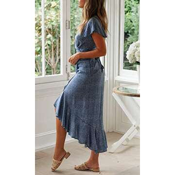 ZESICA Women's 2025 Bohemian Floral Printed Wrap V Neck Short Sleeve Split Beach Party Maxi Dress,Light BlueFloral,Small