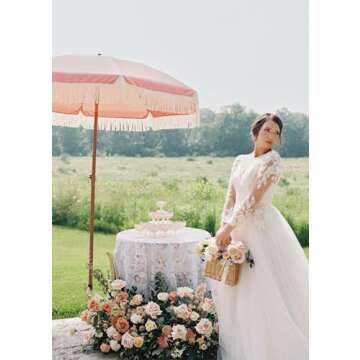 AMMSUN 7ft Patio Umbrella with Fringe Outdoor Tassel Umbrella UPF50+ Premium Steel Pole and Ribs Push Button Tilt, Pink