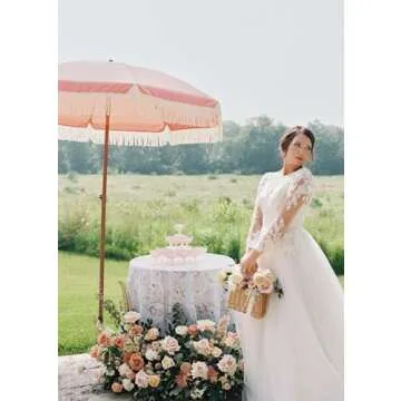 AMMSUN 7ft Patio Umbrella with Fringe Outdoor Tassel Umbrella UPF50+ Premium Steel Pole and Ribs Push Button Tilt, Pink