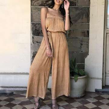 Miessial Women's Summer Sexy Tie Romper Tube Strapless Casual Jumpsuit Wide Leg Pants Jumpsuit Yellow Size Small (4-6)