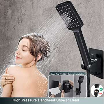 Shower Head,12 '' High Pressure Rain/Rainfall Shower Head/Handheld Showerhead Combo,13'' Brass Adjustable Extension Arm,3-Spray,78-inch Hose Adhesive Showerhead Holder,Black Shower heads