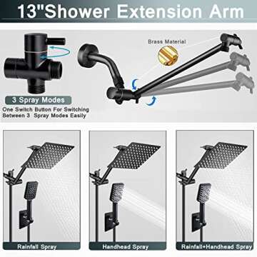 Shower Head,12 '' High Pressure Rain/Rainfall Shower Head/Handheld Showerhead Combo,13'' Brass Adjustable Extension Arm,3-Spray,78-inch Hose Adhesive Showerhead Holder,Black Shower heads